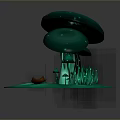 Bonsai Pot With Green Mushrooms Grass Stone Path And Small Boat