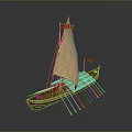 Ancient Wooden Boat Model With White Sail Red Flags And Oars