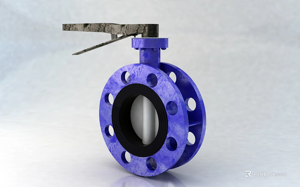 Durable Blue Butterfly Valve With Flange Metal Handle And Black Seal 3d model 
