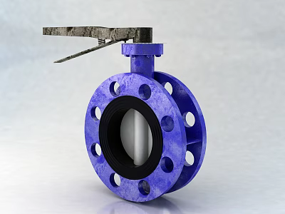 Durable Blue Butterfly Valve With Flange Metal Handle And Black Seal 3d model