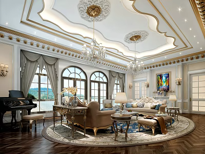 Luxurious Classic Living Room Sofa Coffee Table Set With Chandelier And Area Rug 3d model