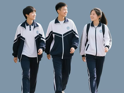 Group of Teenage Students Walking Together in White and Blue School Uniforms with Smiling Faces 3d model