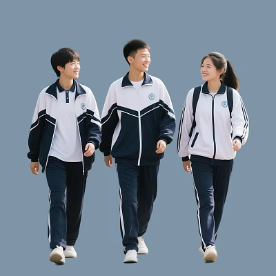 Group of Teenage Students Walking Together in White and Blue School Uniforms with Smiling Faces 3d model