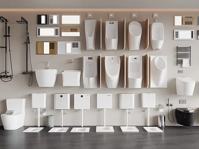 Modern Bathroom Suite Design With White Toilets Basins Mirrors And Accessories 3d model