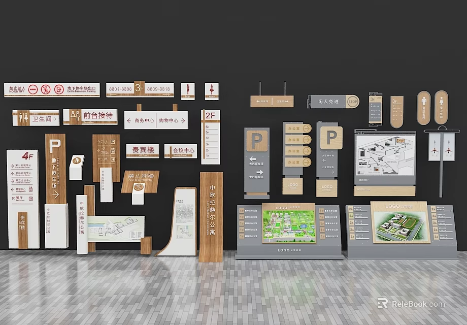 Various Signboards With Parking Indicators Maps Different Materials And Diverse Styles 3d model 