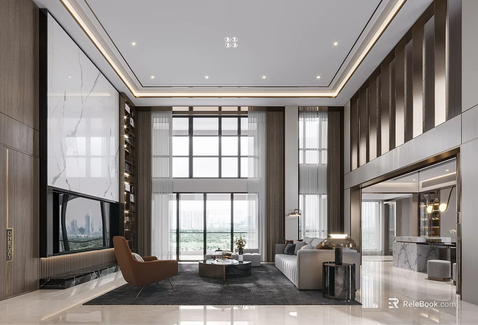 Luxurious Modern Duplex Living Room Interior With Large Windows And Sofa 3d model