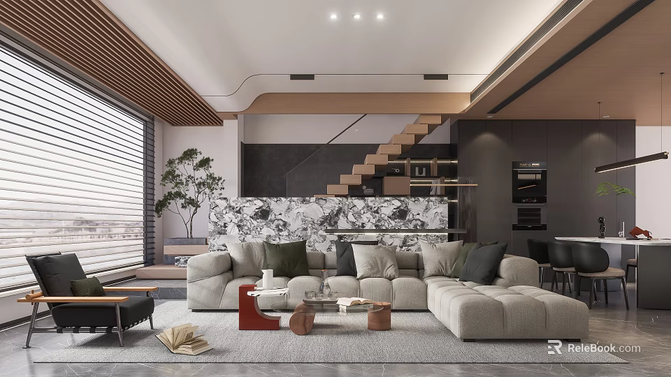Modern Living And Dining Room Interior With Large Sofa Coffee Table Staircase And Decorative Wall 3d model 