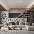 Modern Living And Dining Room Interior With Large Sofa Coffee Table Staircase And Decorative Wall