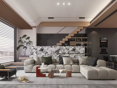 Modern Living And Dining Room Interior With Large Sofa Coffee Table Staircase And Decorative Wall 3d model