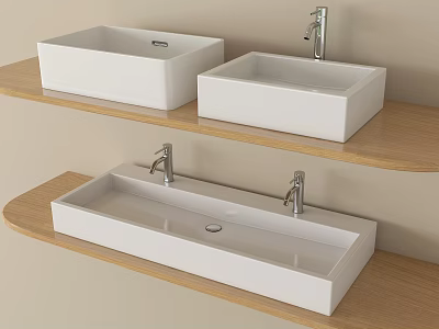 Modern Bathroom Washbasins Featuring White Square Rectangular Design On Wooden Shelves With Silver Faucets 3d model