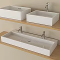 Modern Bathroom Washbasins Featuring White Square Rectangular Design On Wooden Shelves With Silver Faucets