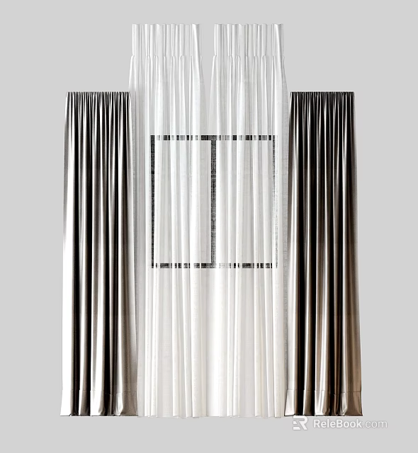 Elegant Modern Layered Curtains With White Sheer And Dark Gradient Panels For Living Room 3d model 