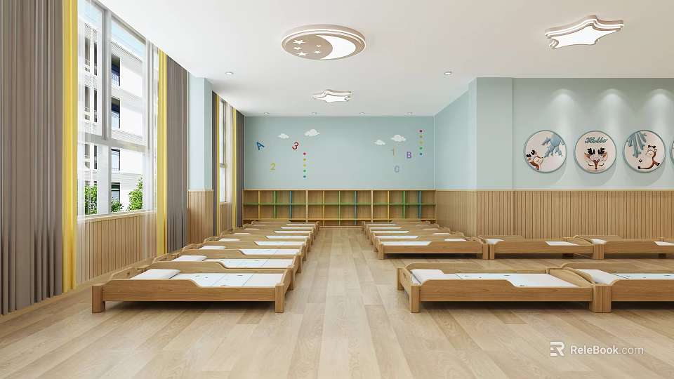 Kindergarten Nap Room With Small Wooden Beds Bookshelves Wooden Floor And Wall Decorations 3d model 