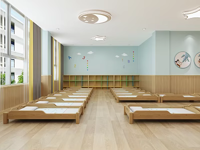 Kindergarten Nap Room With Small Wooden Beds Bookshelves Wooden Floor And Wall Decorations 3d model