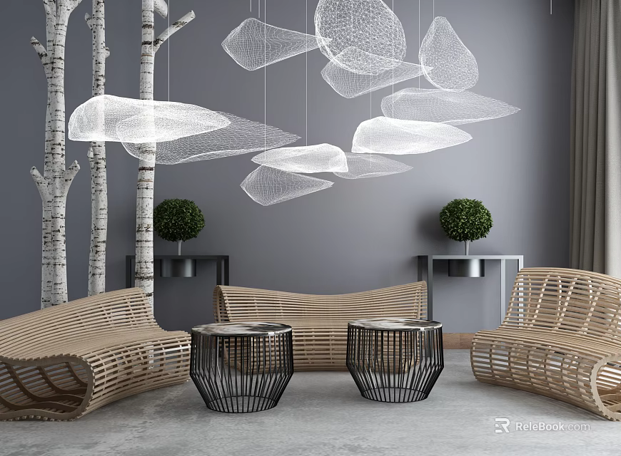 Contemporary Rattan Sofa And Coffee Table Set With Birch Trees Pendant Lights And Plants 3d model 