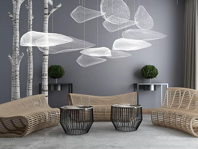 Contemporary Rattan Sofa And Coffee Table Set With Birch Trees Pendant Lights And Plants 3d model
