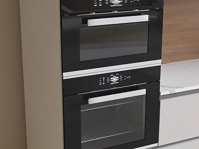Modern Kitchen Featuring Stacked Black Built-in Ovens With Marble Countertop And Cabinets 3d model