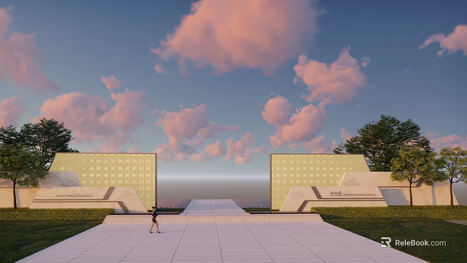 Modern Symmetrical Feature Wall With Geometric Pattern Pink Clouds And Blue Sky 3d model 