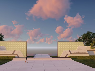 Modern Symmetrical Feature Wall With Geometric Pattern Pink Clouds And Blue Sky 3d model