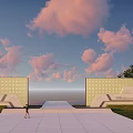 Modern Symmetrical Feature Wall With Geometric Pattern Pink Clouds And Blue Sky