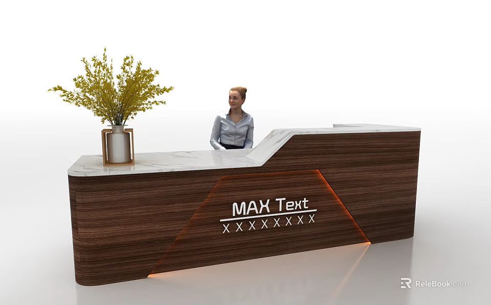 Wooden Reception Desk With Marble Countertop Yellow Flower Vase Logo And Orange Underlighting 3d model 