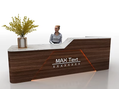 Wooden Reception Desk With Marble Countertop Yellow Flower Vase Logo And Orange Underlighting 3d model