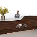 Wooden Reception Desk With Marble Countertop Yellow Flower Vase Logo And Orange Underlighting
