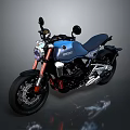 Modern Blue Motorcycle With Black Seat Red Suspension And Silver Exhaust