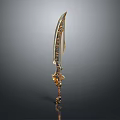 Ornate Golden Decorative Weapon With Carved Handle And Detailed Blade