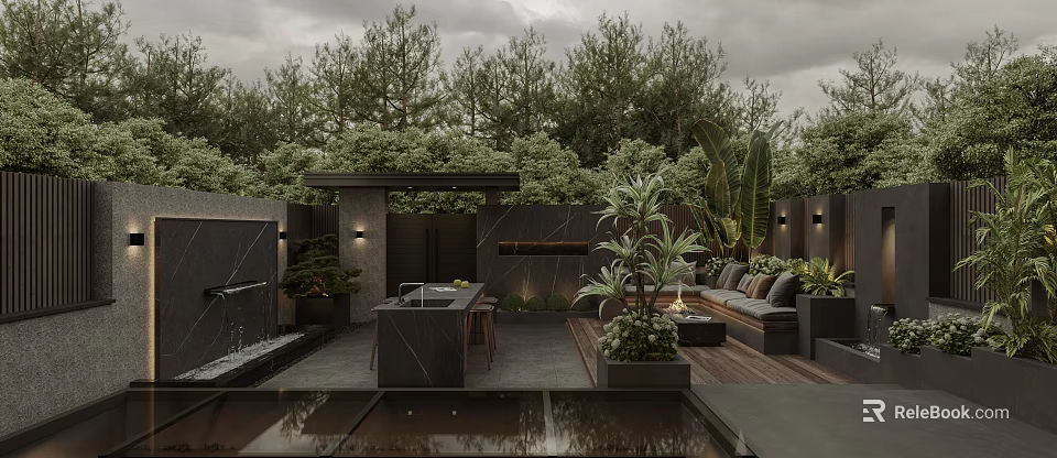 Modern Courtyard Garden Design With Water Feature Outdoor Dining Seating Green Plants And Dark Stone 3d model 