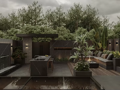 Modern Courtyard Garden Design With Water Feature Outdoor Dining Seating Green Plants And Dark Stone 3d model