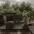 Modern Courtyard Garden Design With Water Feature Outdoor Dining Seating Green Plants And Dark Stone