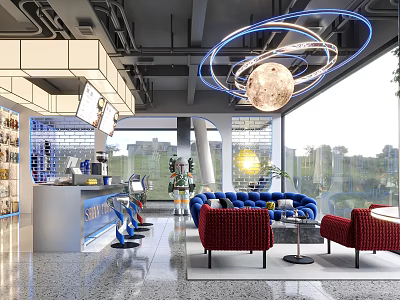 Modern Café Interior With Planet Shaped Pendant Light Blue Sofa Red Armchairs And Bar Counter 3d model
