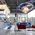 Modern Café Interior With Planet Shaped Pendant Light Blue Sofa Red Armchairs And Bar Counter