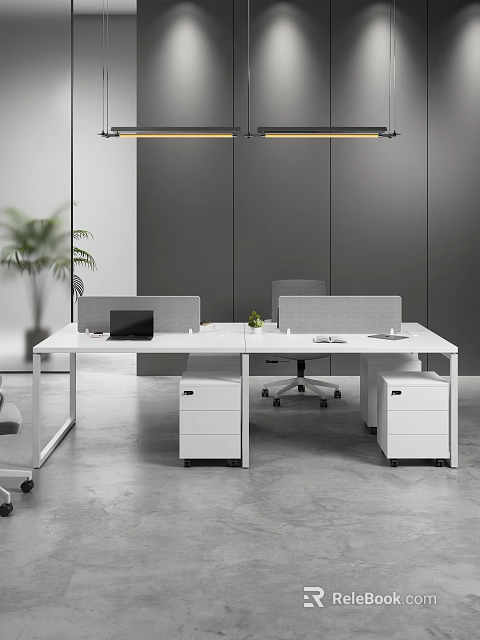 Contemporary Public Office Area With Open Workstations Partition Panels Ergonomic Chairs And Filing Cabinets 3d model 