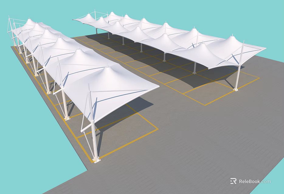 White Membrane Structure Sunshades Arranged In Parking Lot With Yellow Lines 3d model 