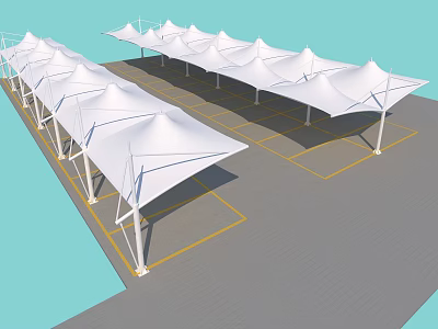 White Membrane Structure Sunshades Arranged In Parking Lot With Yellow Lines 3d model