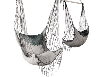 Woven Hanging Chair Set of Two with Mesh Design and Soft Neutral Cushion 3d model