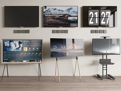 Televisions Featuring Different Displays Scenery Digital Clock Interface And Mobile Stands 3d model