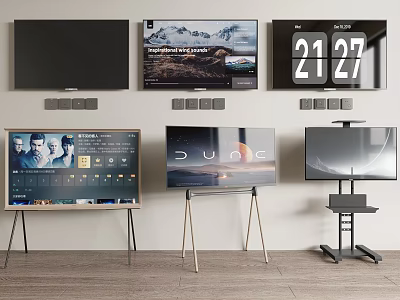 Televisions Featuring Different Displays Scenery Digital Clock Interface And Mobile Stands 3d model