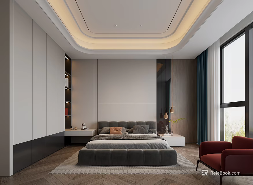 Elegant Modern Bedroom Interior Design With Gray Large Bed Red Armchair And Floor to Ceiling Window 3d model 