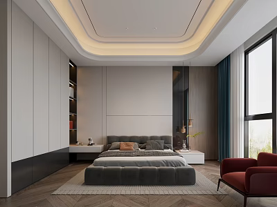 Elegant Modern Bedroom Interior Design With Gray Large Bed Red Armchair And Floor to Ceiling Window 3d model