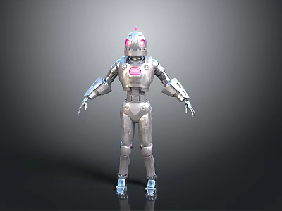 Silver Metallic Robot Character With Pink Head Accent Chest Device And Mechanical Limbs 3d model