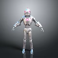 Silver Metallic Robot Character With Pink Head Accent Chest Device And Mechanical Limbs