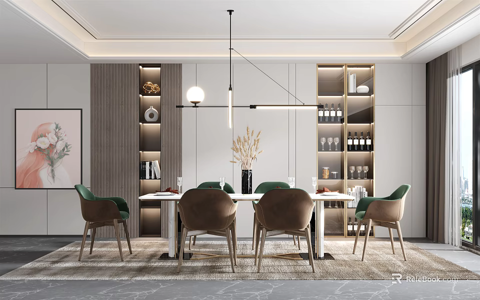 Modern Restaurant Interior Design With Dining Table Chairs Pendant Lights And Wine Cabinet 3d model 