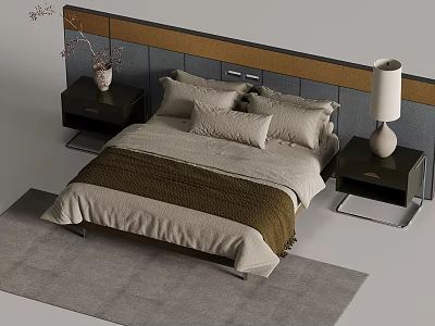 Modern Bedroom Interior With Headboard Wall Bed Pillows Bedding Nightstands And Lamp 3d model