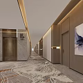 Modern Elevator Corridor With Wooden Walls Patterned Carpet And Decorative Painting 3d model