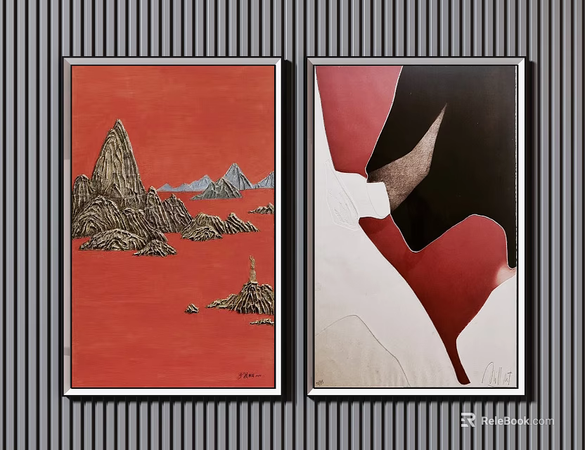 Two Decorative Wall Paintings With Red Background And Abstract Landscape Design 3d model