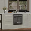 Kitchen Storage Shelf With Microwave Plates And Spice Bottles Near Window