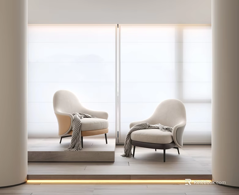 Modern Minimalist Armchairs with Blanket by Large Windows Light Walls and Floor 3d model 